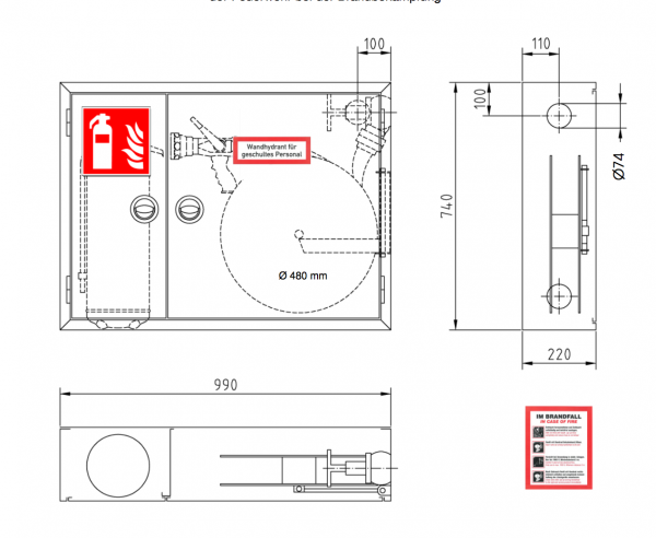 Jockel Wandhydrant Typ F DIN 14461-6 Flachschlauch mit Feuerlöscherkasten C-Schlauch, WA Links